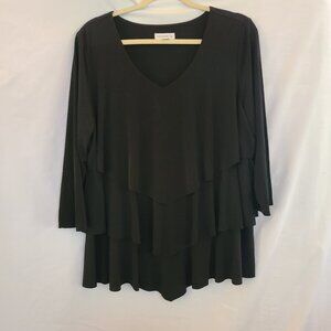 Susan Graver Blouse Black SZ XL Tiered Liquid Knit 3/4 Sleeve